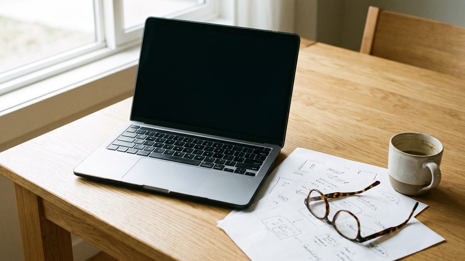 Laptop mit Unterlagen Brille und Kaffeetasse auf einem Holztisch